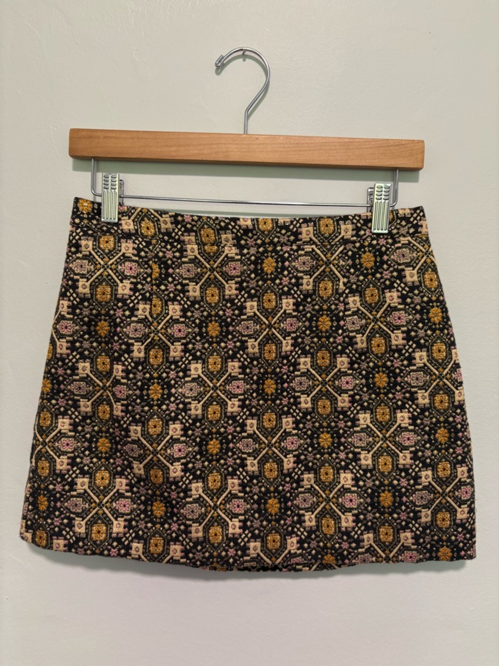 Forever 21 Black Mini Skirt with Mustard & Pink Floral Mosaic Embroidery
